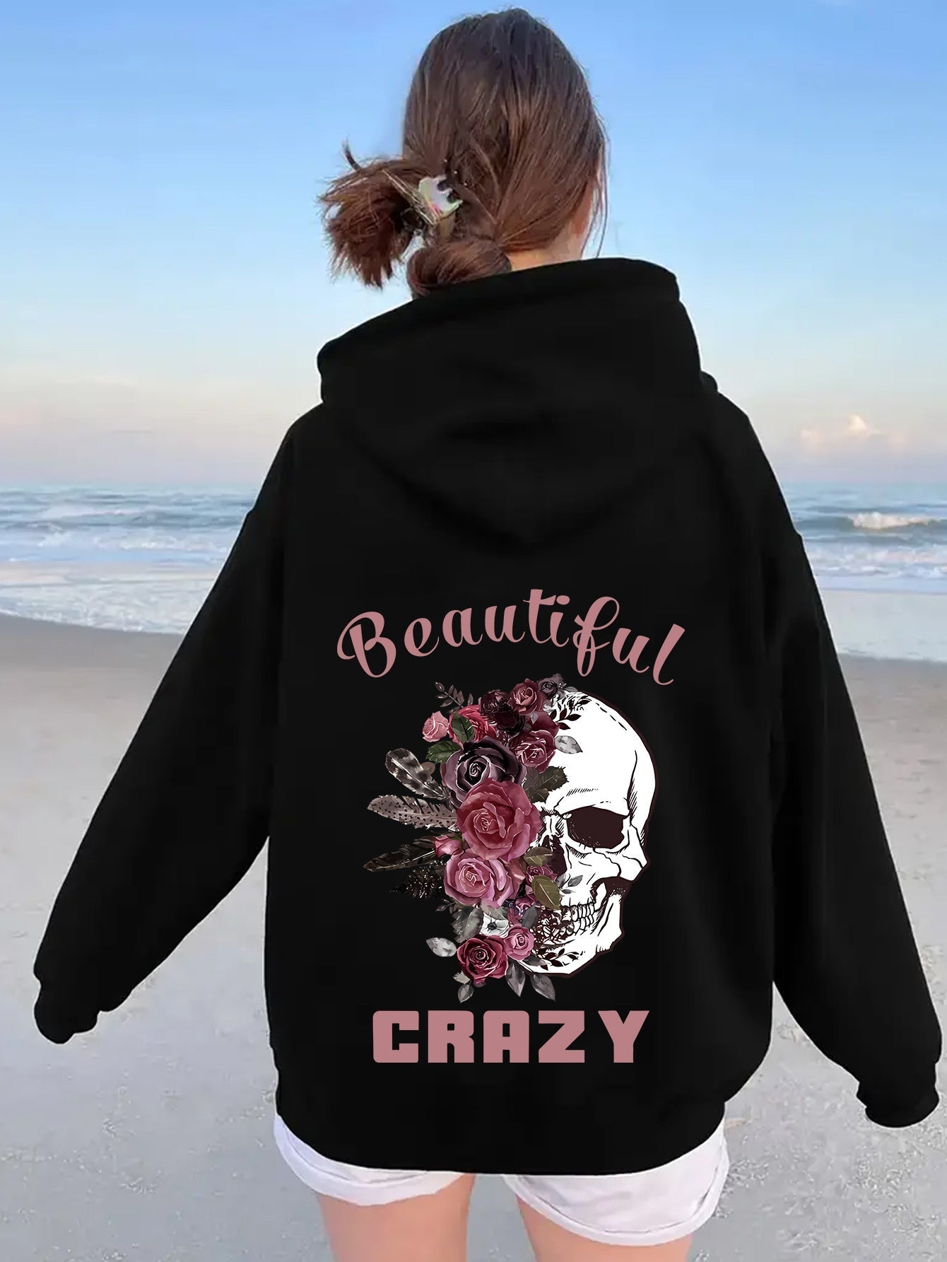 Cozy Women's Winter Hoodie with Floral Skull Design - BritishElegance