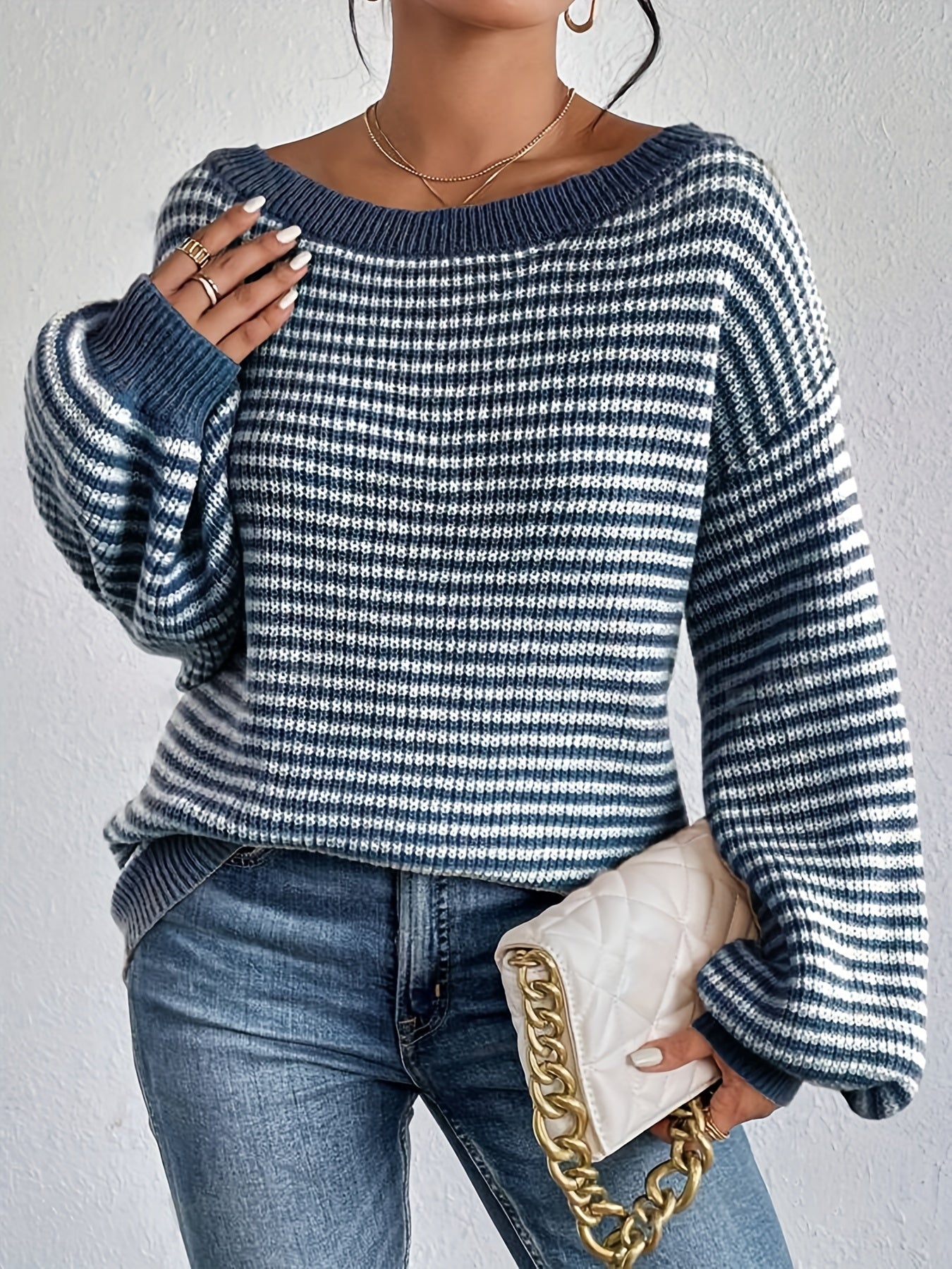 Comfy Relaxed Fit Crew Neck Striped Sweater for Women - BritishElegance