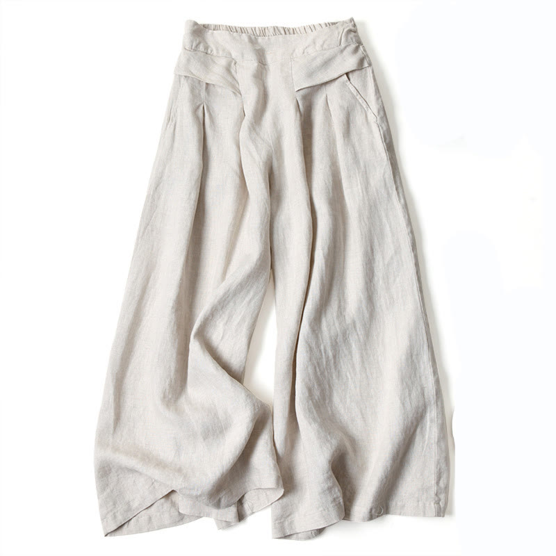 Classic Beige Cotton Linen Wide Leg Pants With Pockets