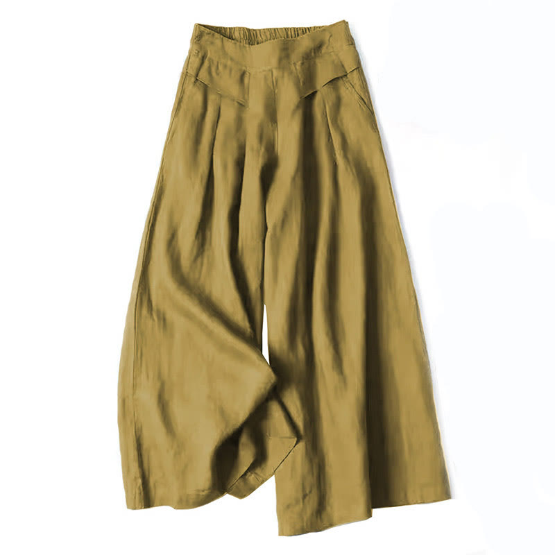 Classic Beige Cotton Linen Wide Leg Pants With Pockets
