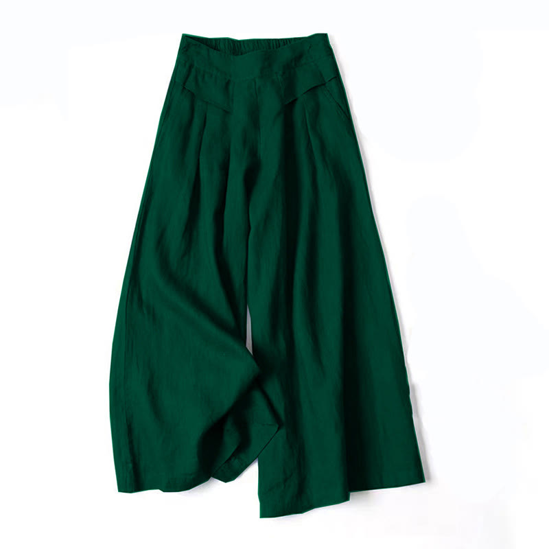 Classic Beige Cotton Linen Wide Leg Pants With Pockets