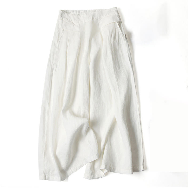 Classic Beige Cotton Linen Wide Leg Pants With Pockets