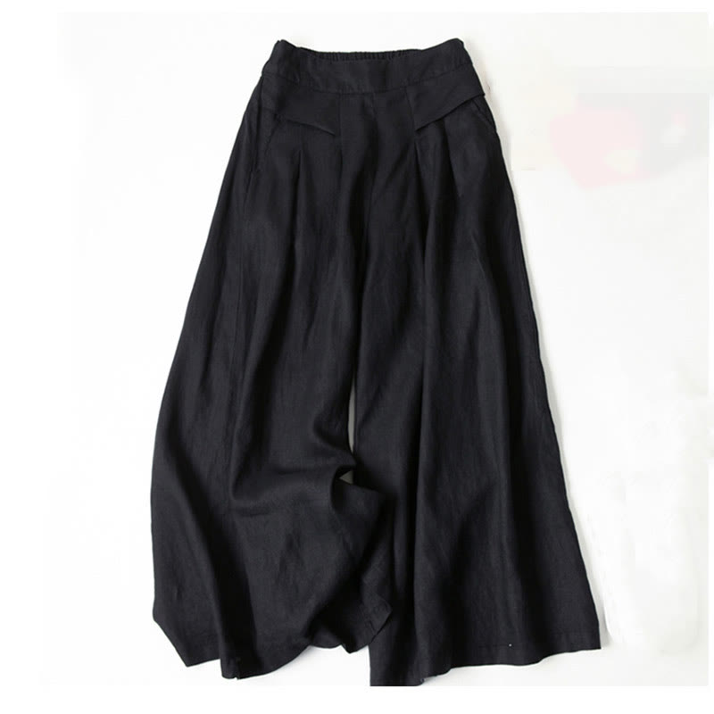 Classic Beige Cotton Linen Wide Leg Pants With Pockets