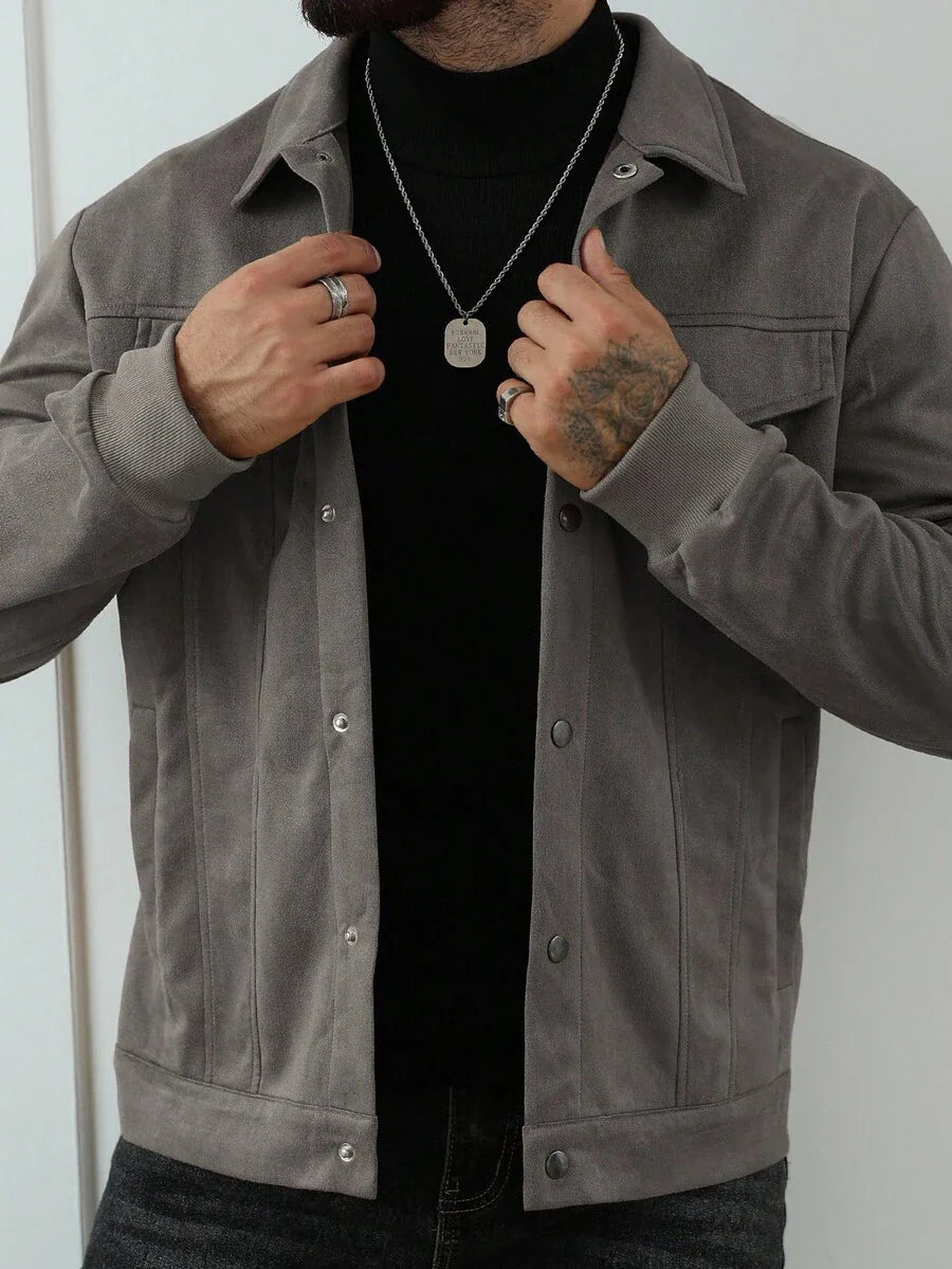 VogeLuxe | Men’s Suede Like Trucker Jacket with Snap Closure