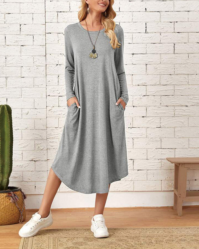 Comfy Women's Midi Dress with Pockets and Long Sleeves - VogeLuxe