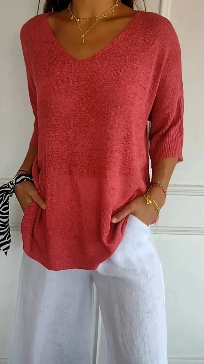 Relaxed Fit Women's V Neck Sweater Top - VogeLuxe
