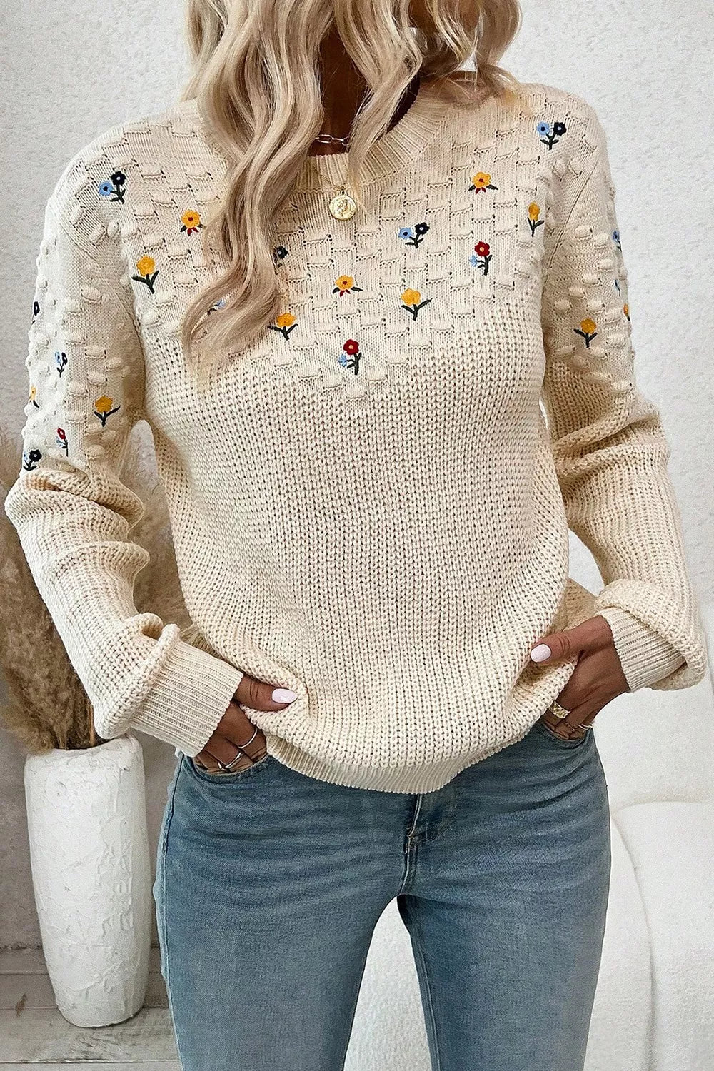 Pretty Pattern Crew Neck Pullover Sweater - VogeLuxe