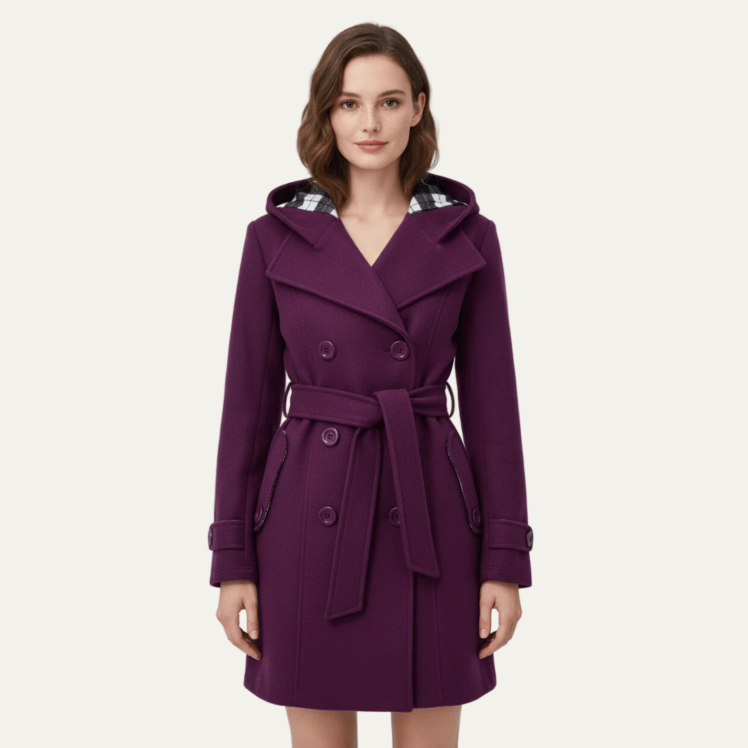 VogeLuxe | Women’s Belted Double-Breasted Wool Coat with Hood