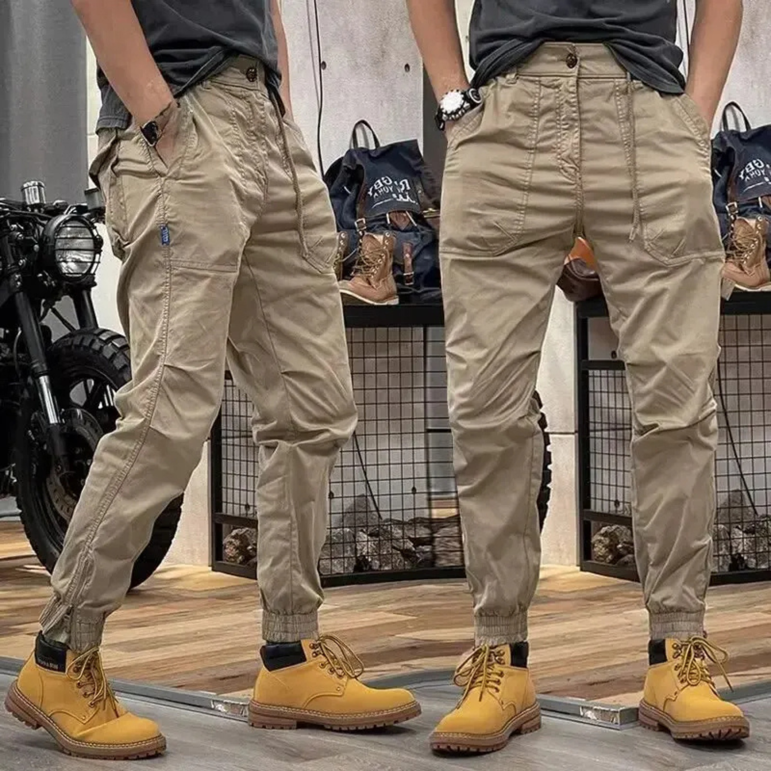 Slim Fit Tactical Cargo Pants with Elastic Waist - VogeLuxe