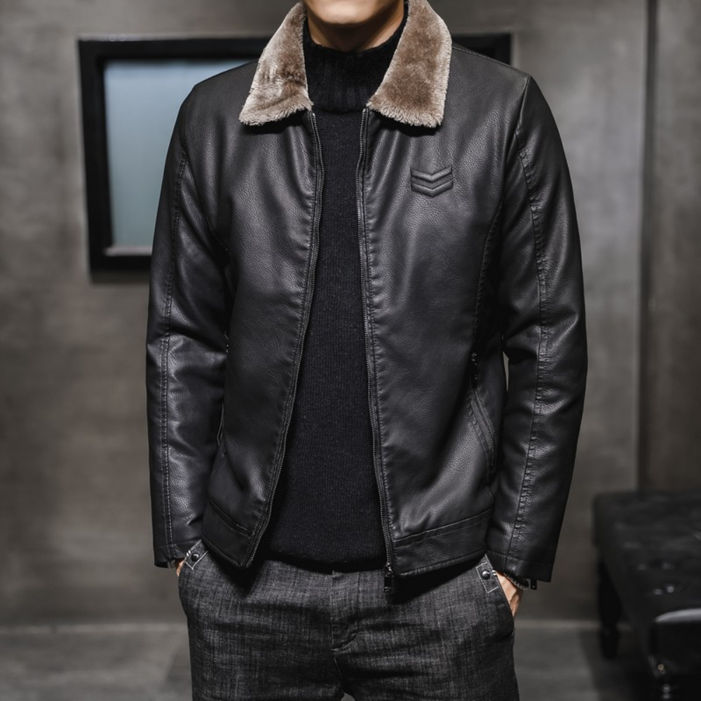Stylish Men's Faux Leather Bomber Jacket with Fur Trim - VogeLuxe