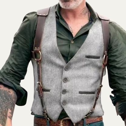 VogeLuxe | Men’s Tweed Button Down Waistcoat with Leather Harness Detail