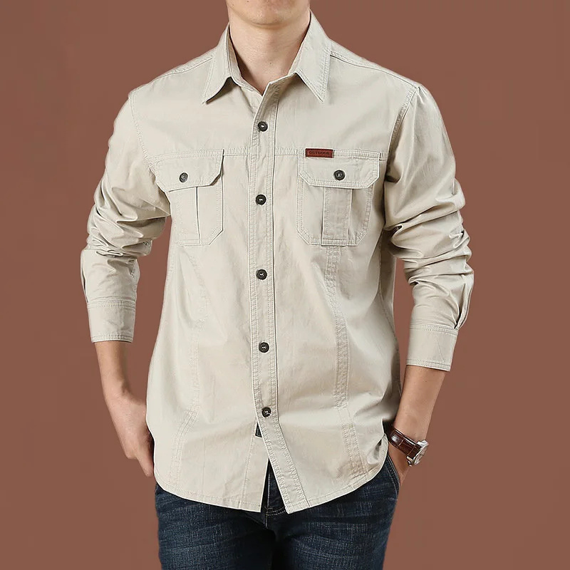 Relaxed Fit Work Shirt with Pockets Long Sleeve Button Front