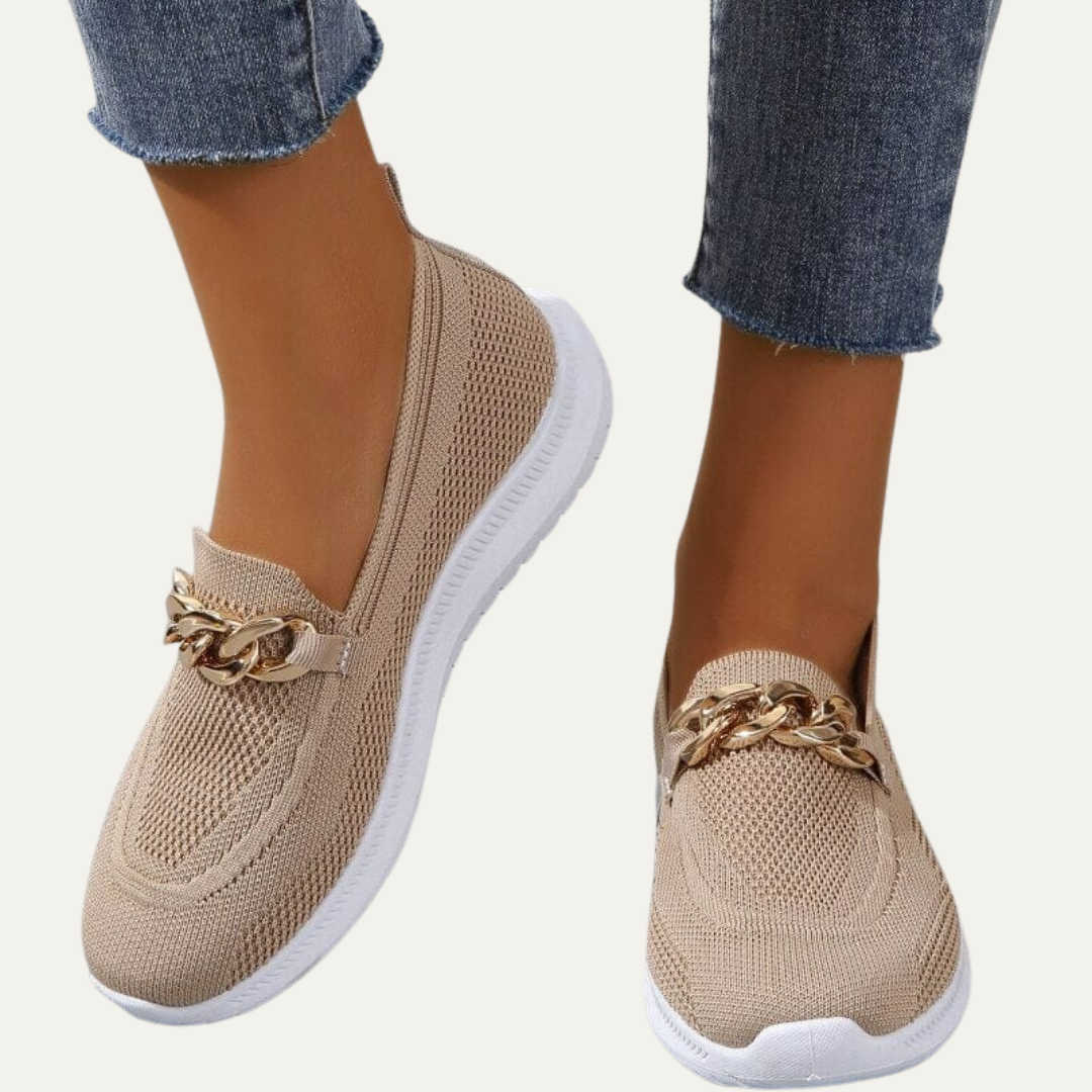 VogeLuxe | Women’s Knitted Slip On Loafers with Chain Detail