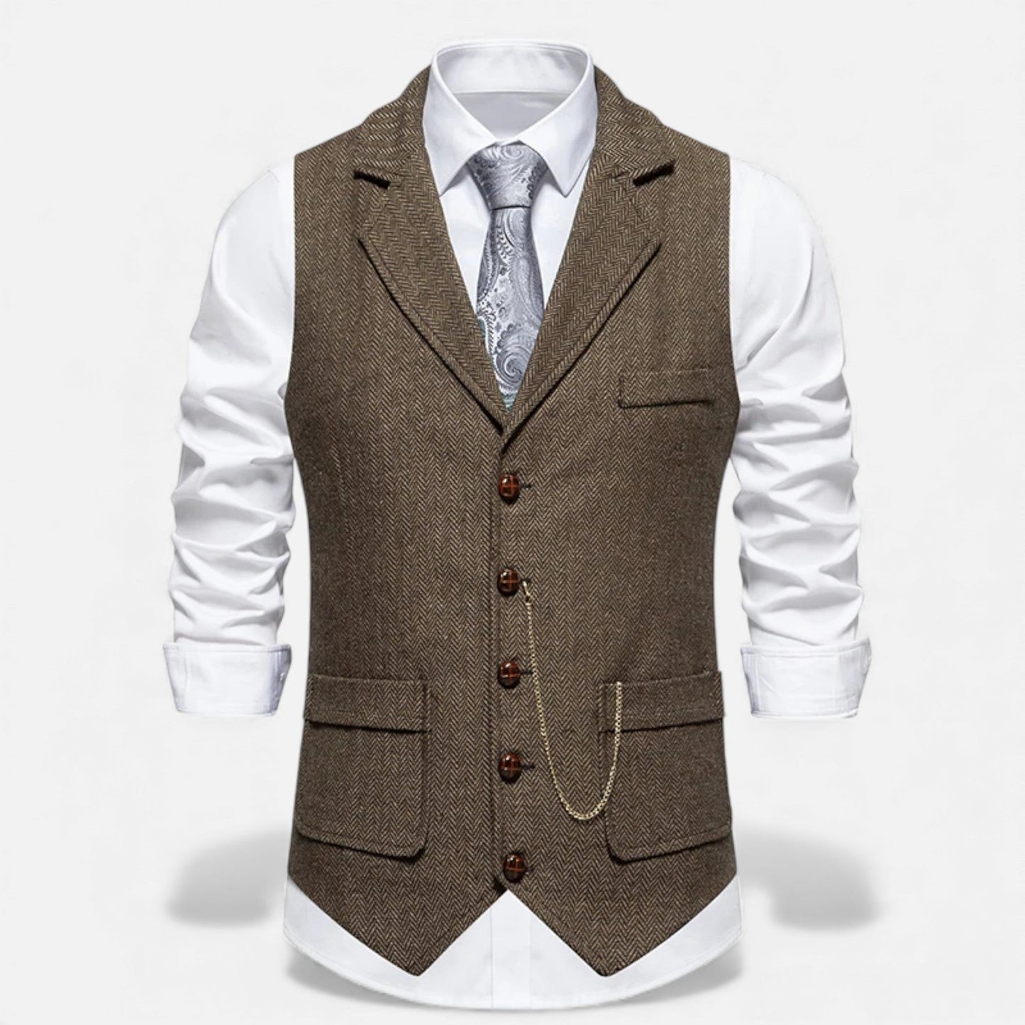 Classic Tweed Waistcoat with Lapel Chain for Men - VogeLuxe