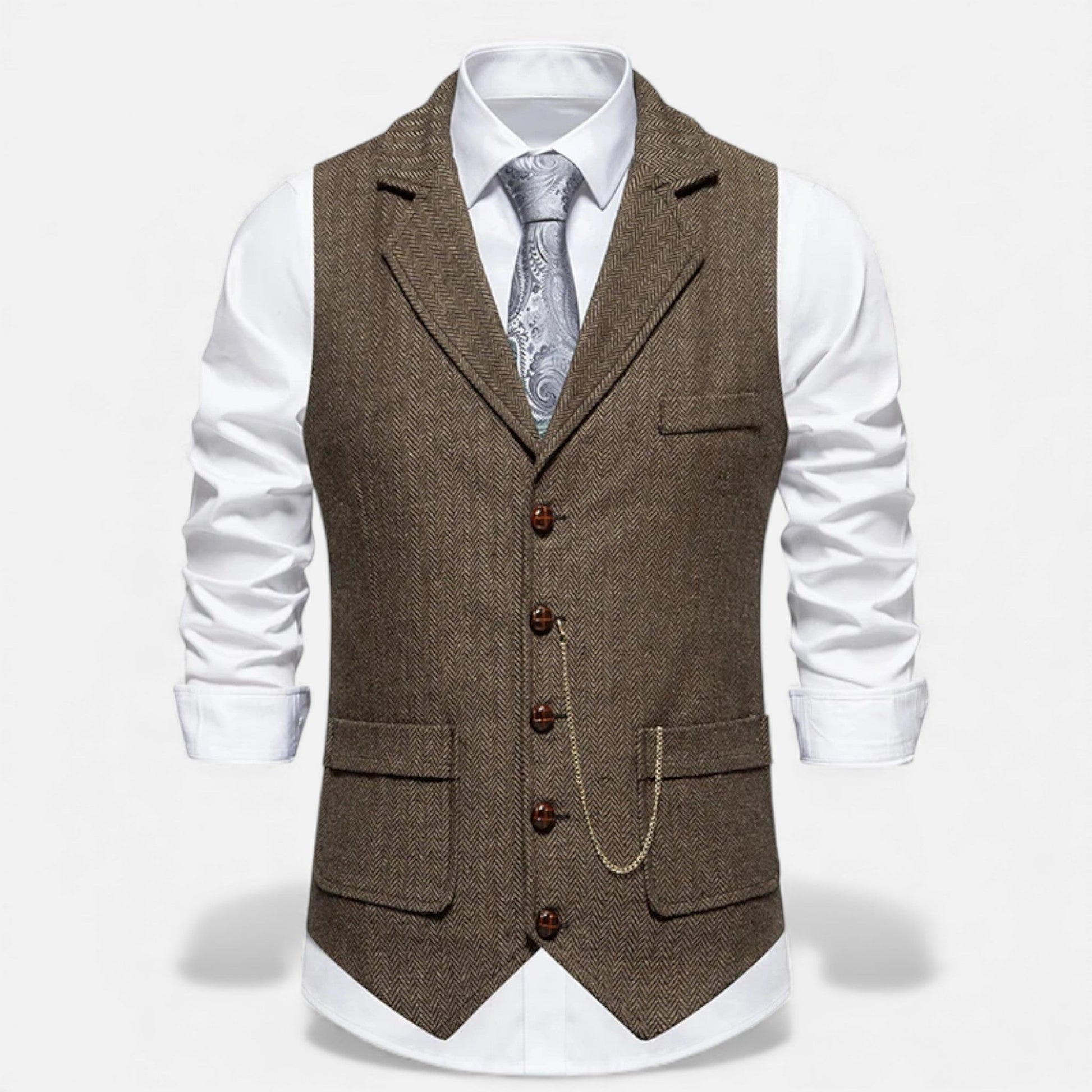 Classic Tweed Waistcoat with Lapel Chain for Men - VogeLuxe