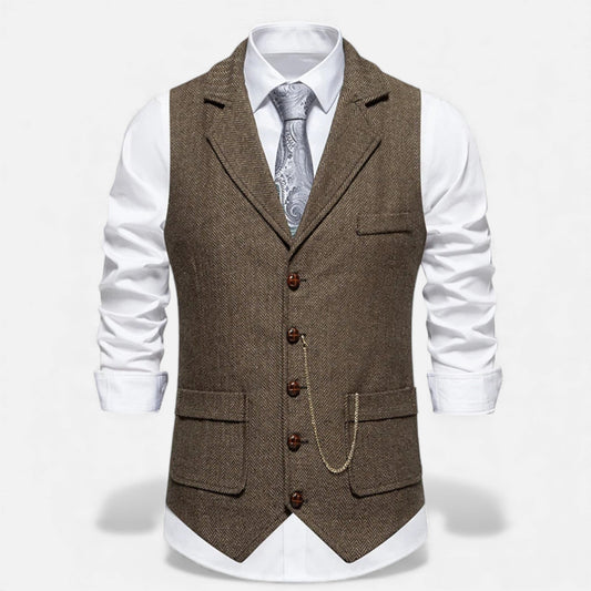 Classic Tweed Waistcoat with Lapel Chain for Men - VogeLuxe