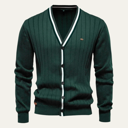 VogeLuxe | Men’s V Neck Rib Knit Cardigan with Striped Trim
