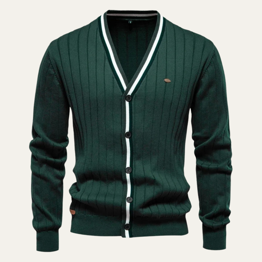 VogeLuxe | Men’s V Neck Rib Knit Cardigan with Striped Trim