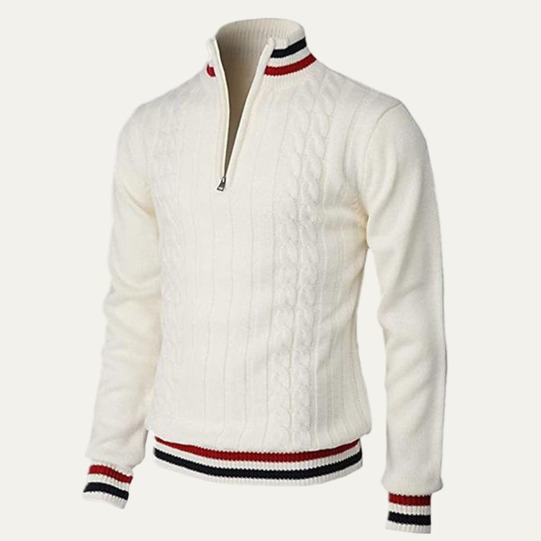 VogeLuxe | Men’s Striped Mock Neck Cable Zip Sweater