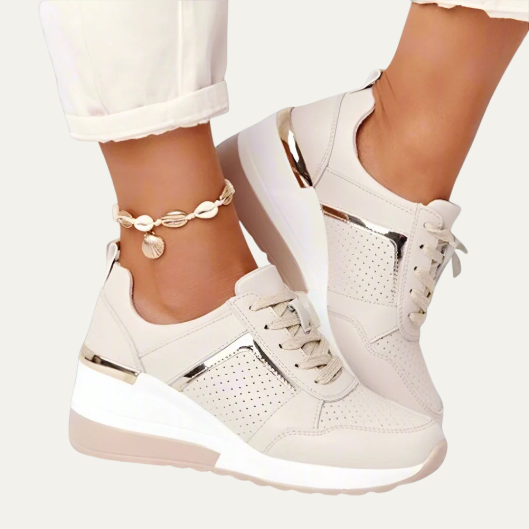VogeLuxe | Women’s Wedge Sneakers with Breathable Perforated Panels and Metallic Accents