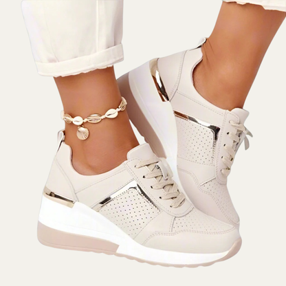 VogeLuxe | Women’s Wedge Sneakers with Breathable Perforated Panels and Metallic Accents
