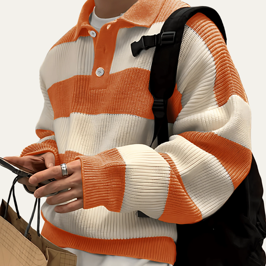 VogeLuxe | Men’s Striped Textured Knit Polo Sweater
