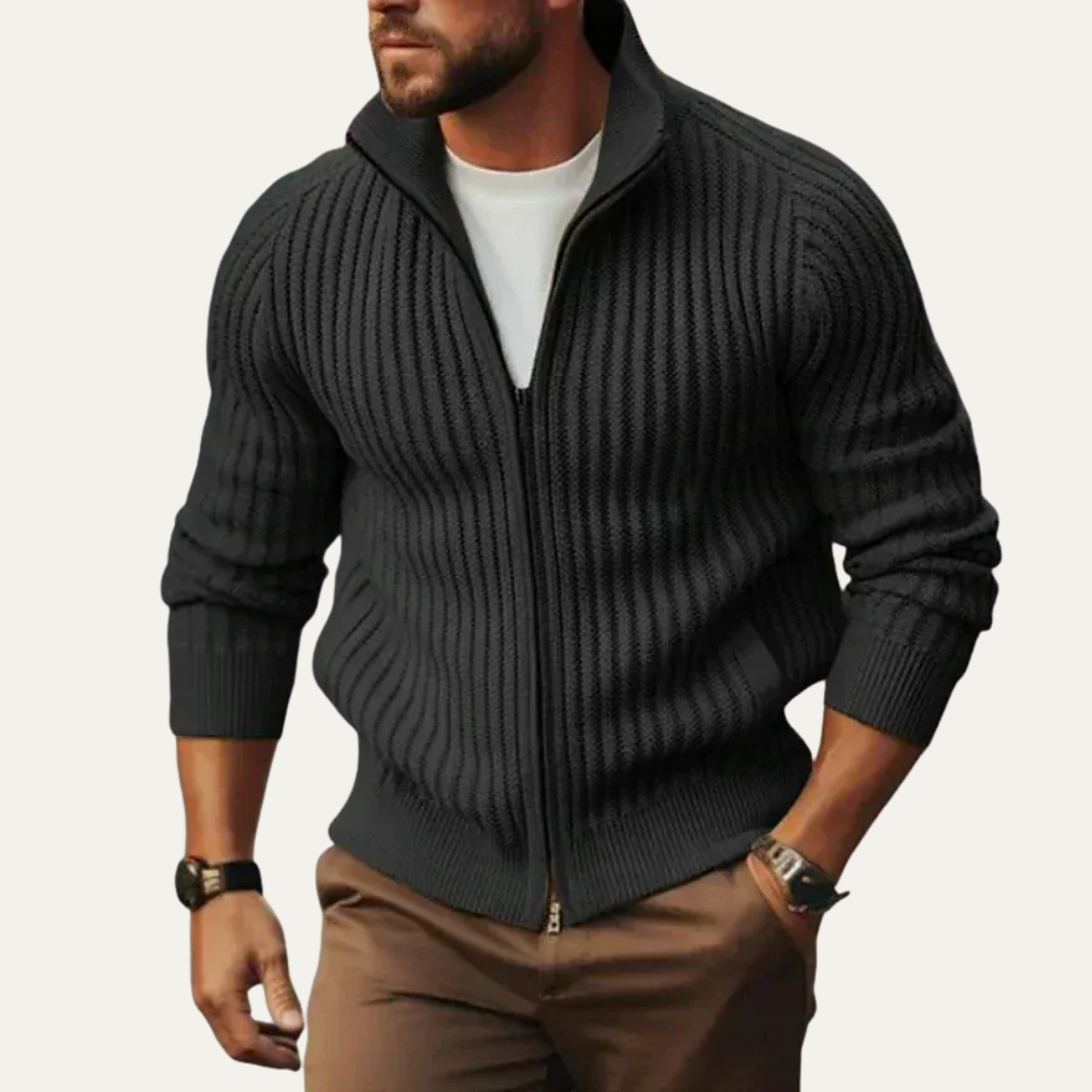 VogeLuxe | Men’s Heavy Knit Full Zip Ribbed Cardigan Sweater