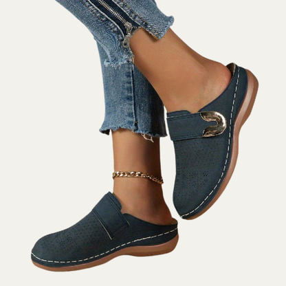 VogeLuxe | Women’s Perforated Floral Buckle Slip On Mules