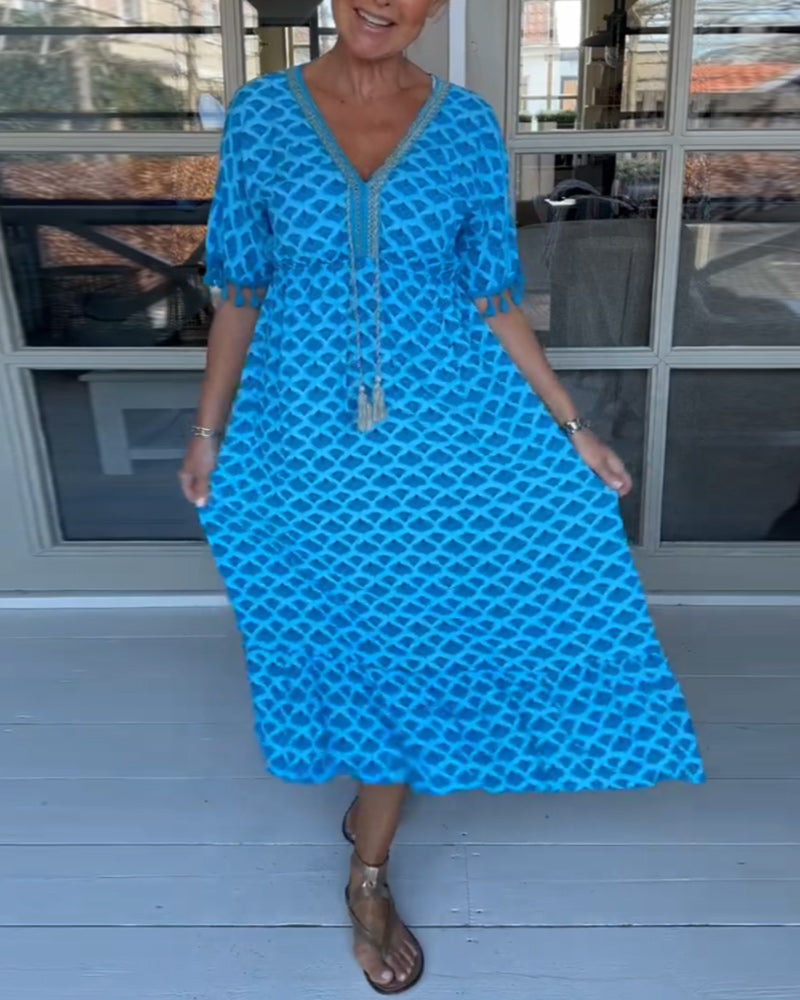 Lightweight V-Neck Printed Summer Dress for Women - BritishElegance