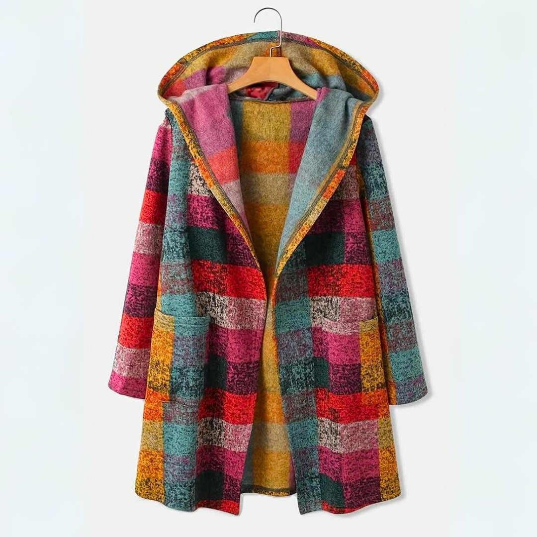 Cozy Women's Colorful Plaid Hooded Cardigan Sweater - BritishElegance