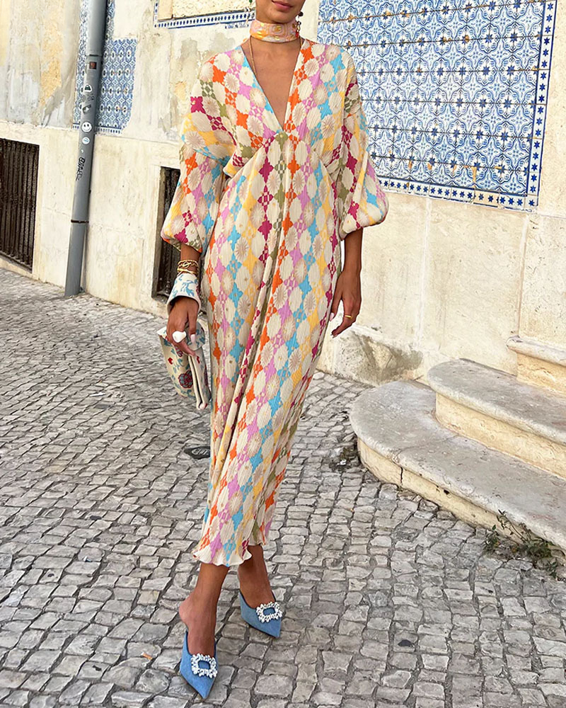 Colorful Long Dress with Puffy Sleeves - VogeLuxe