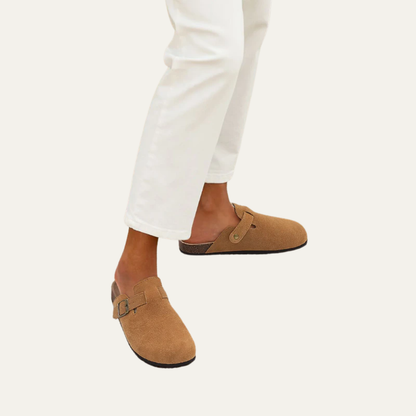 VogeLuxe | Women’s Suede Look Closed Toe Mule with Cork Style Footbed