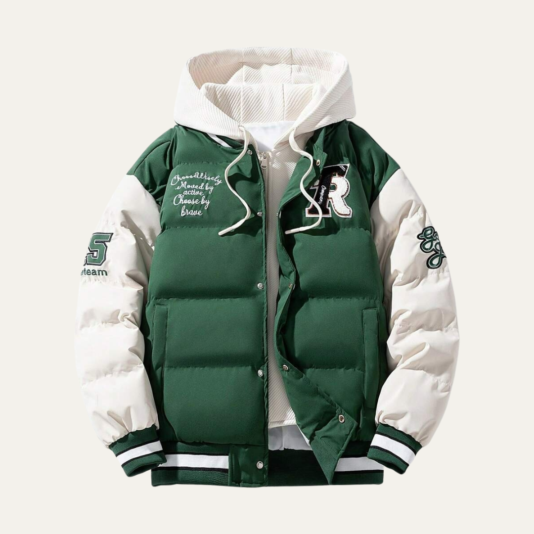 VogeLuxe | Men’s Varsity Style Puffer Jacket with Embroidered Graphics