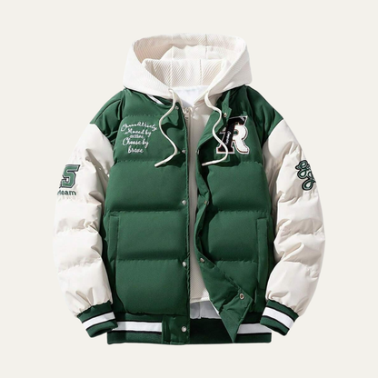 VogeLuxe | Men’s Varsity Style Puffer Jacket with Embroidered Graphics
