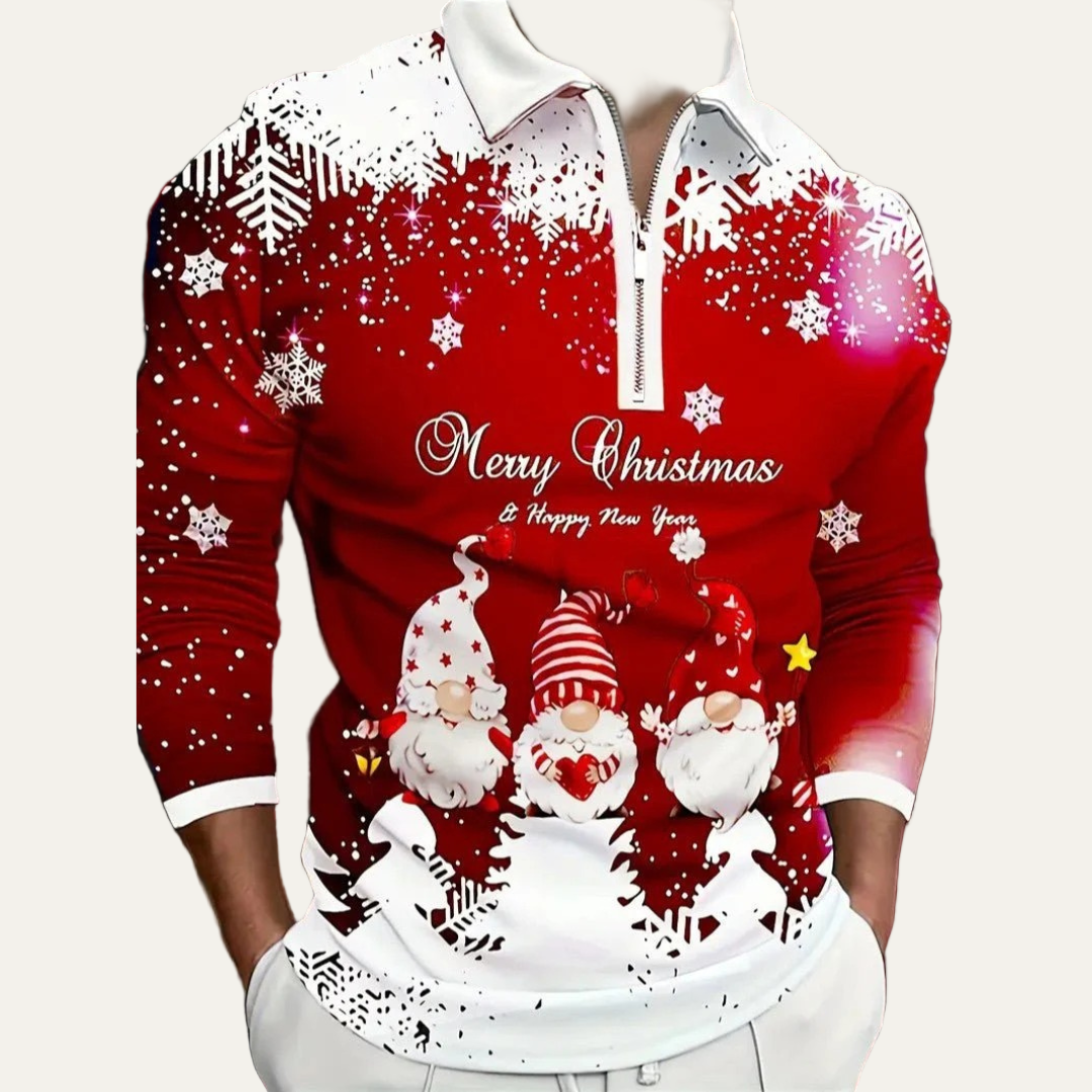 VogeLuxe | Men’s Festive Gnome Quarter-Zip Christmas Polo