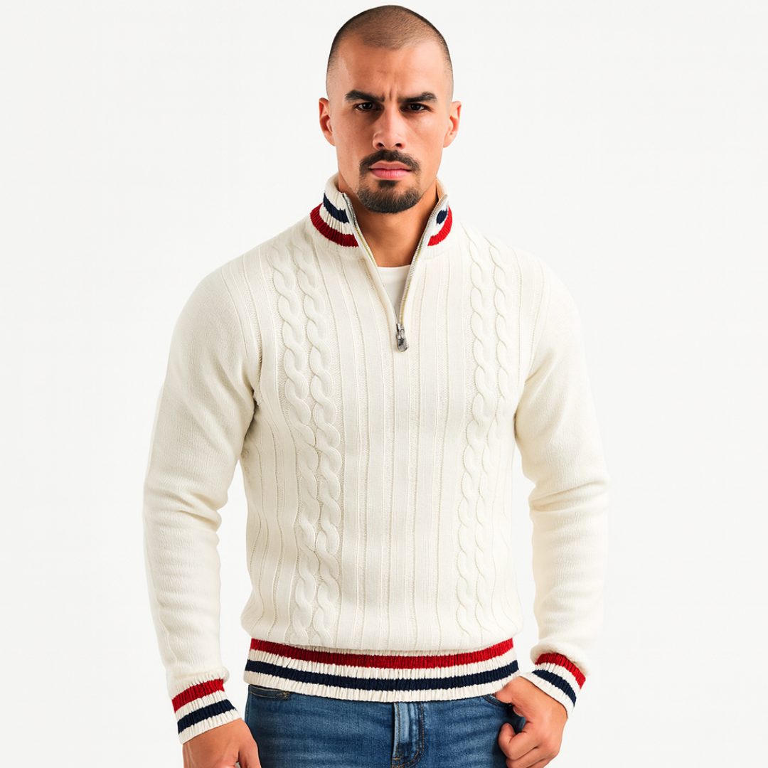 VogeLuxe | Men’s Striped Mock Neck Cable Zip Sweater