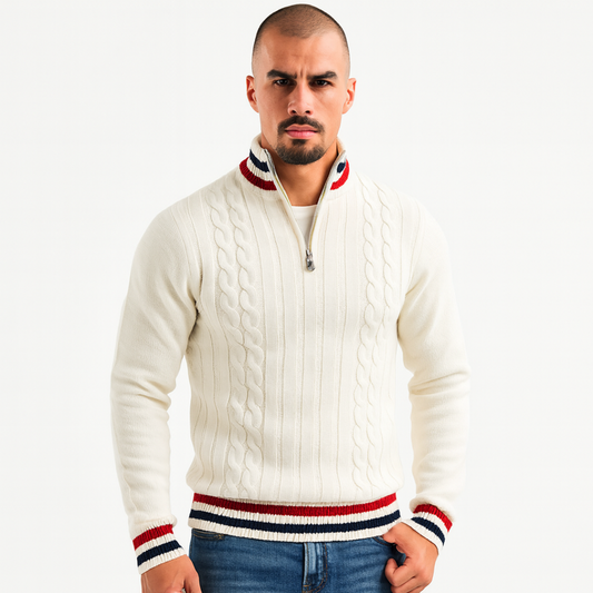 VogeLuxe | Men’s Striped Mock Neck Cable Zip Sweater