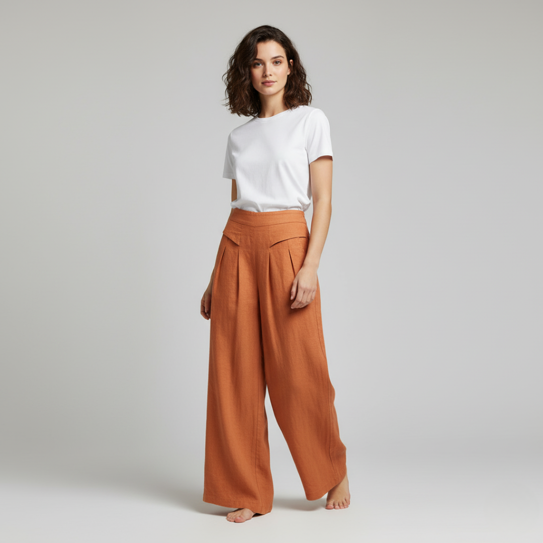 Classic Beige Cotton Linen Wide Leg Pants With Pockets