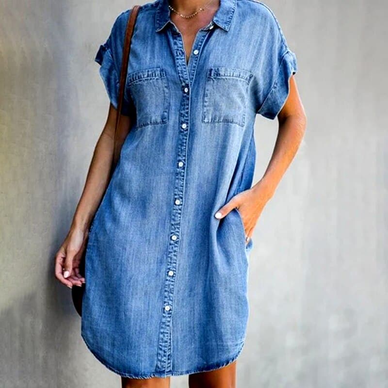 Relaxed Fit Blue Jeans Dress with Buttons - VogeLuxe