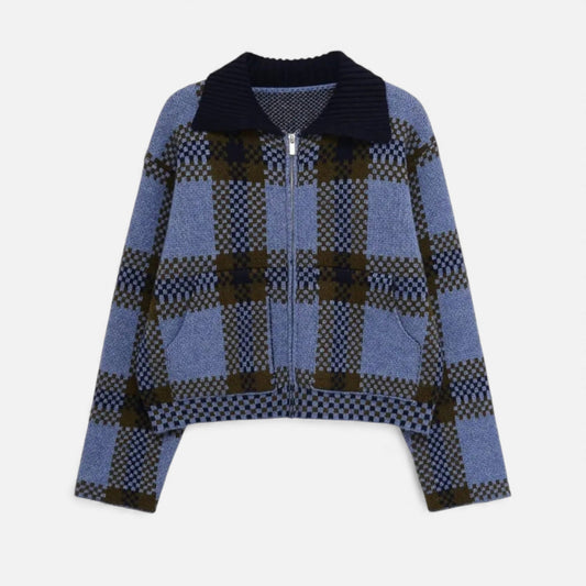 Warm Plaid Zip Up Women's Jacket with Fold Down Collar - VogeLuxe