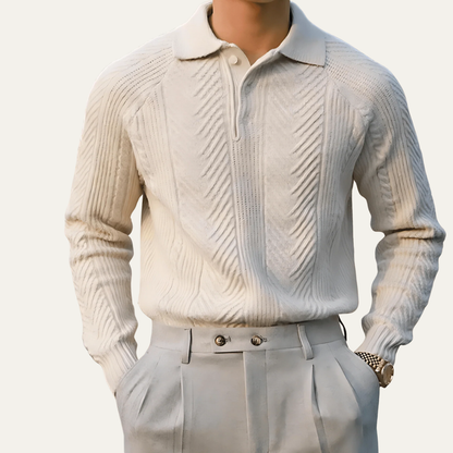 VogeLuxe | Men’s Textured Chevron Knit Polo With Zip Neck