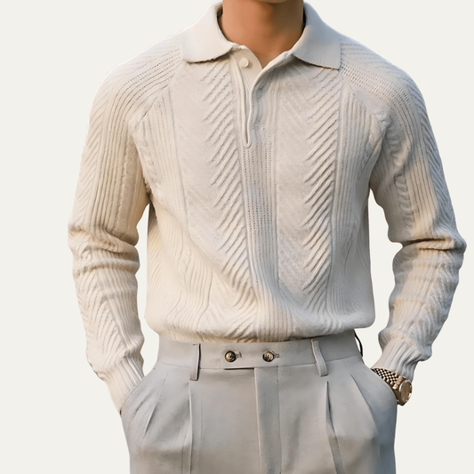 VogeLuxe | Men’s Textured Chevron Knit Polo With Zip Neck