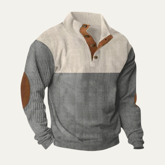 VogeLuxe | Men’s Corduroy Pullover Sweater with Buttoned Leather Placket