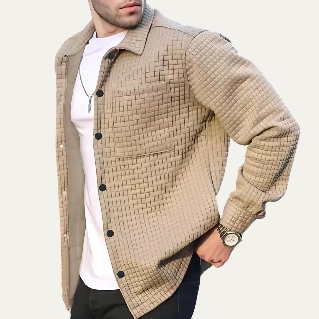 Men’s Quilted Grid Shirt Jacket – Textured Button Front Shacket – VogeLuxe