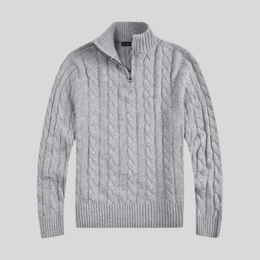 VogeLuxe | Men’s Cable Knit Mock Neck Quarter Zip Sweater