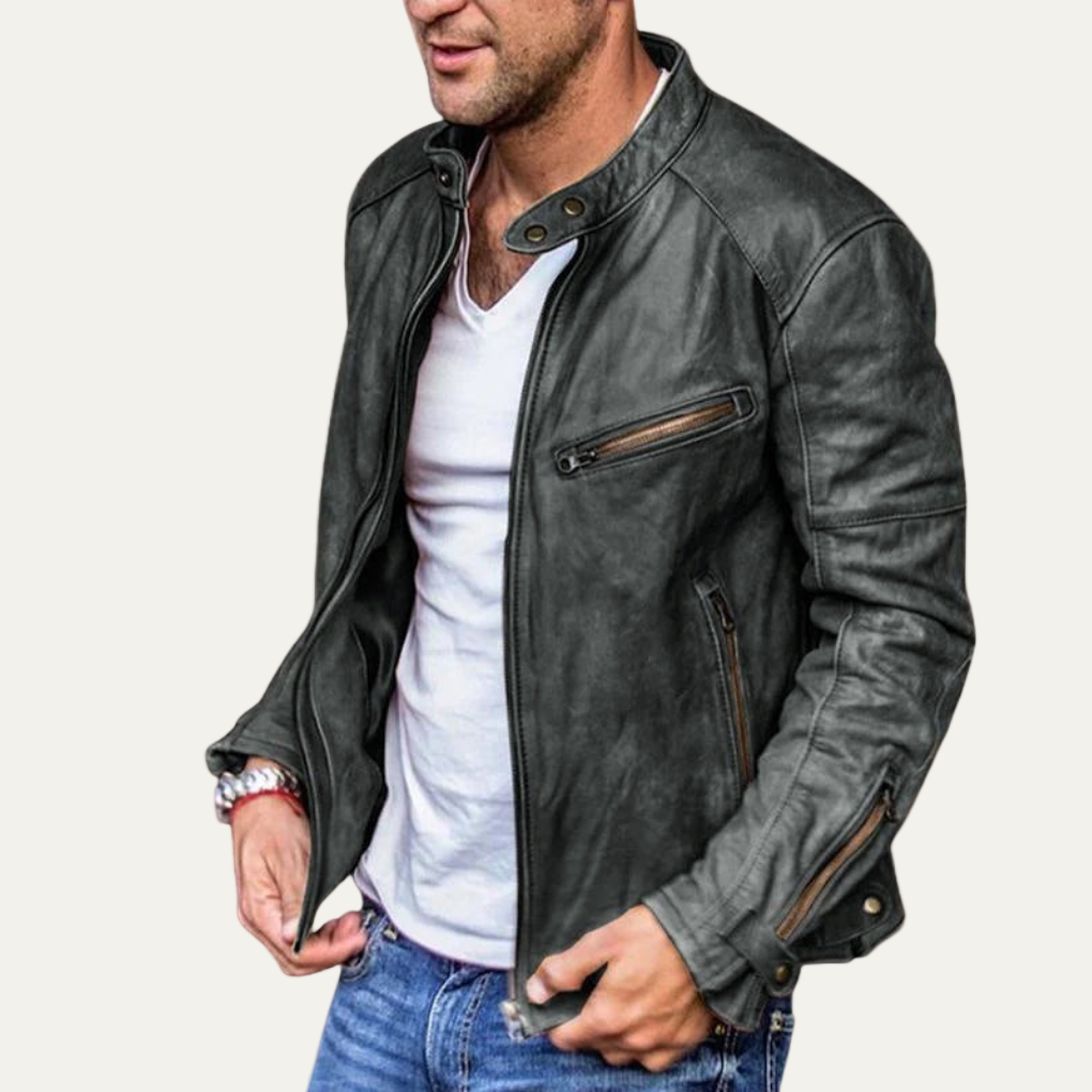 VogeLuxe | Men’s Vintage Faux Leather Stand Collar Moto Jacket