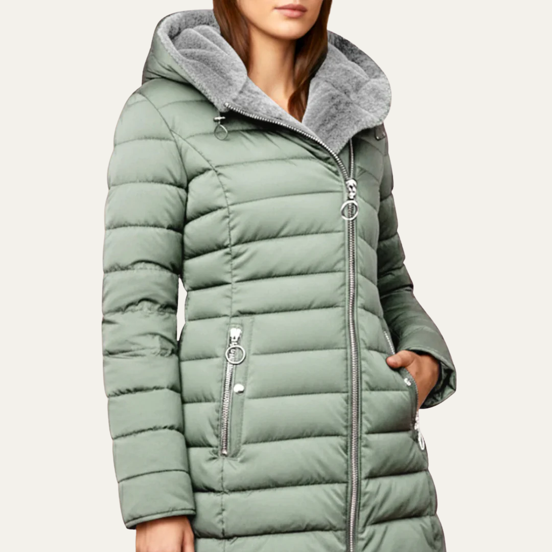VogeLuxe | Women’s Mid Length Quilted Puffer Coat with Faux Fur Hood