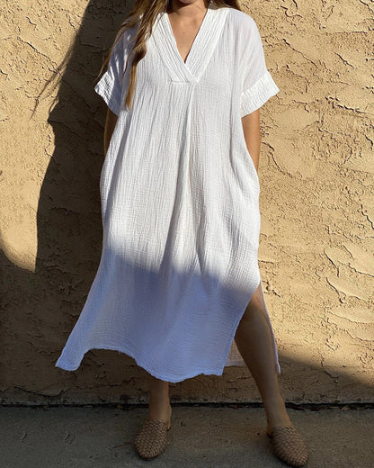 Simple V-Neck Short Sleeve Summer Dress for Women - BritishElegance