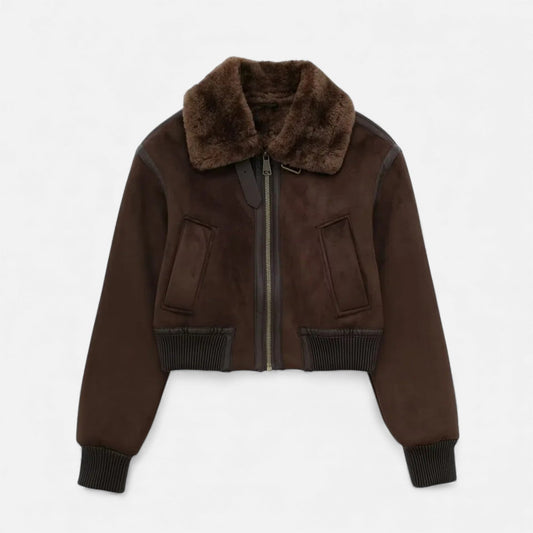 Warm Faux Fur Trimmed Brown Leather Jacket - VogeLuxe