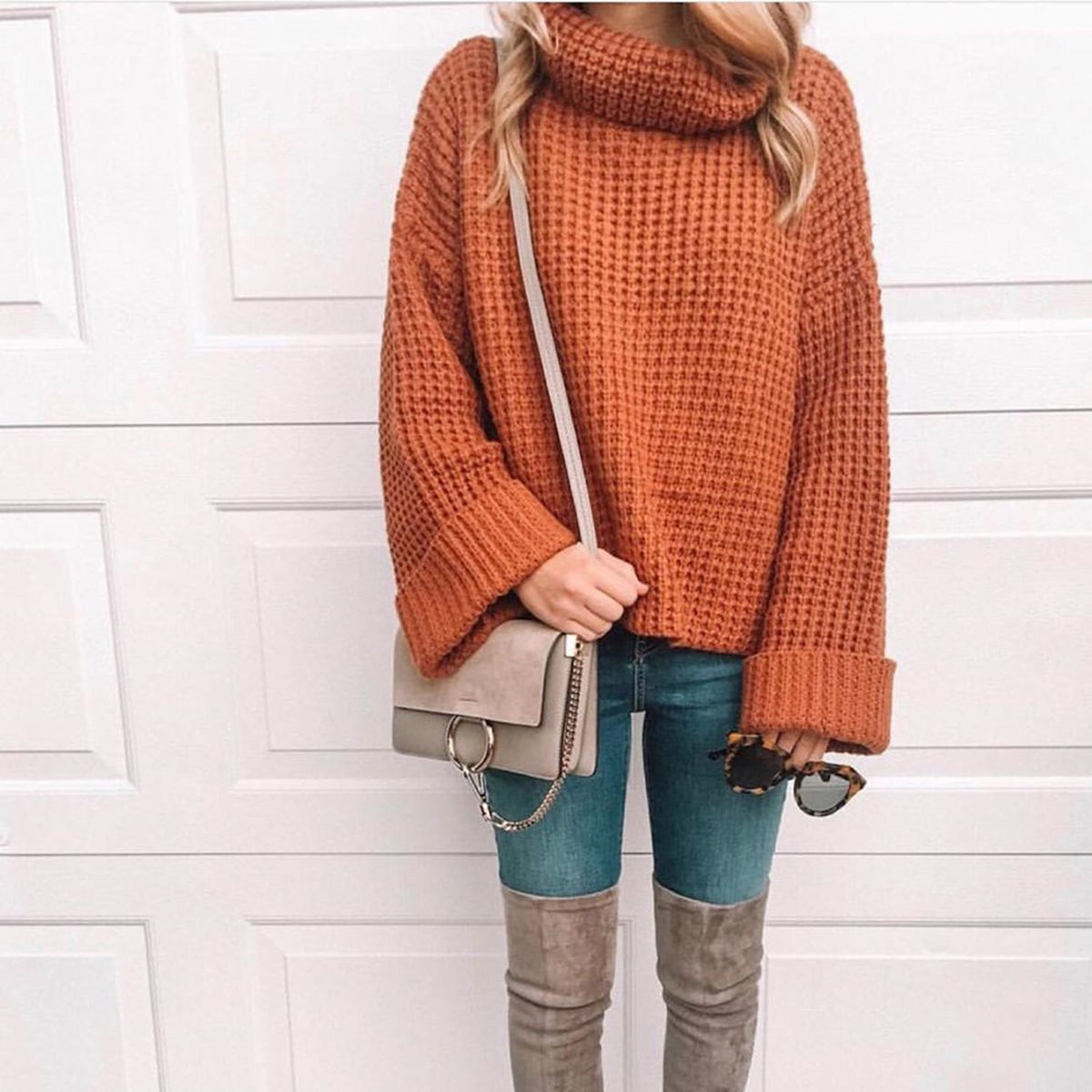 Warm Women's Cozy Crew Neck Sweater with Puffy Sleeves